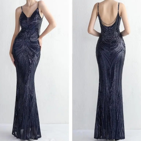 Navy, Geo Print, Sleeveless, Beaded Draped Back, Contrast Sequined Merm… - Picture 3 of 13